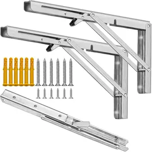 14 Inch Folding Shelf Bracket for Table Work Bench, Heavy Duty Stainless Steel Collapsible Shelf Brackets, Space Saving Wall Mounted Hinges Brace Max Load 350lbs