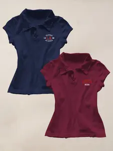 2PC New American 2000 Retro, Y2K Top Trendy, Summer Polo Neck Short, Slim Shoulder T-shirt for Women