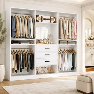 75-Inch Closet System with 4 Drawers and Mirror, 6.3FT wood Reversible Walk-in Closet Organizer with Hanging Rods and Adjustable Shoe Rack bedroom armoire