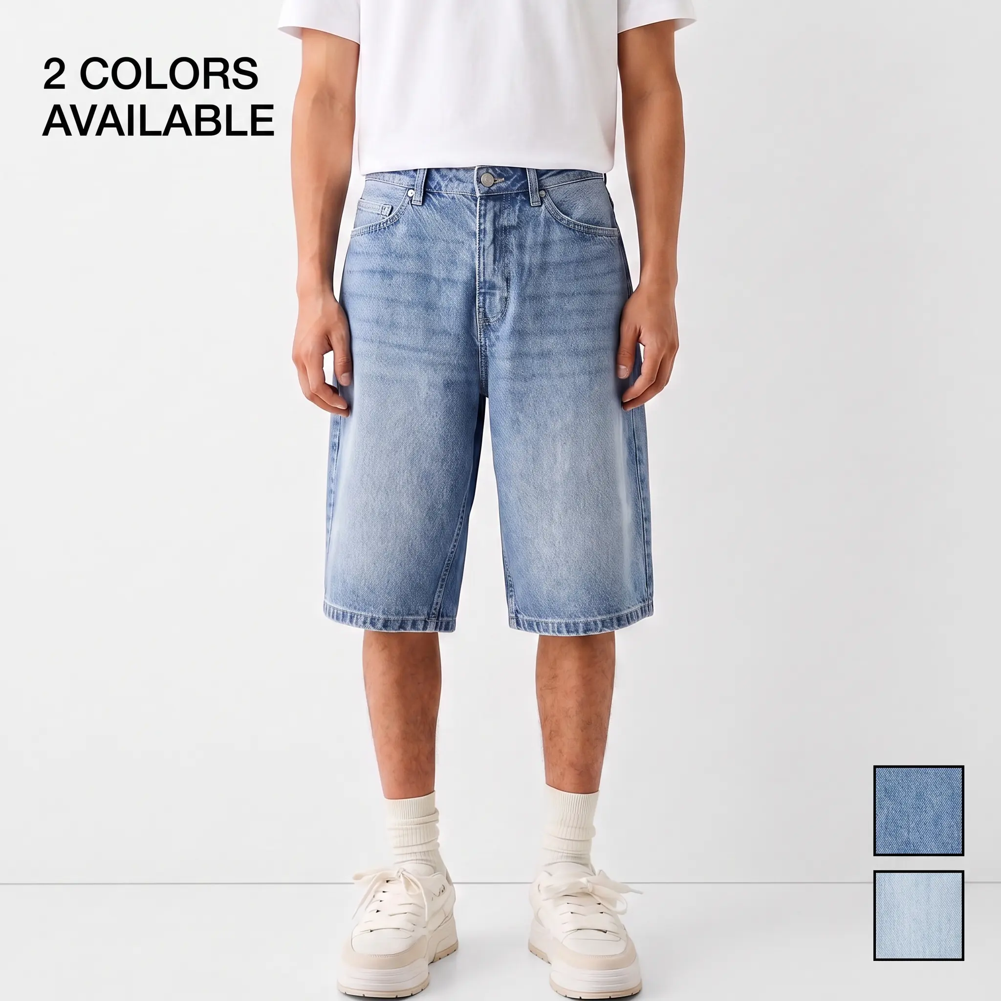 Men's Loose-Fit Wide Leg Light Wash Durable Denim Jean Shorts - Baggy Jorts with Knee-Length Cropped Hem, Comfortable Breathable Menswear for Young Urban Fashion Streetwear Enthusiasts, Plain Men's Clothing Ideal for Summer