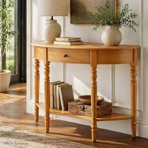 Rustic Half Moon Modern Console Table - Distressed Finish, Pine Legs, Solid Wood, Storage Drawer, Shelf, ARCH TREXM Farmhouse Accent Table for Entryway, Living Room (Natural)