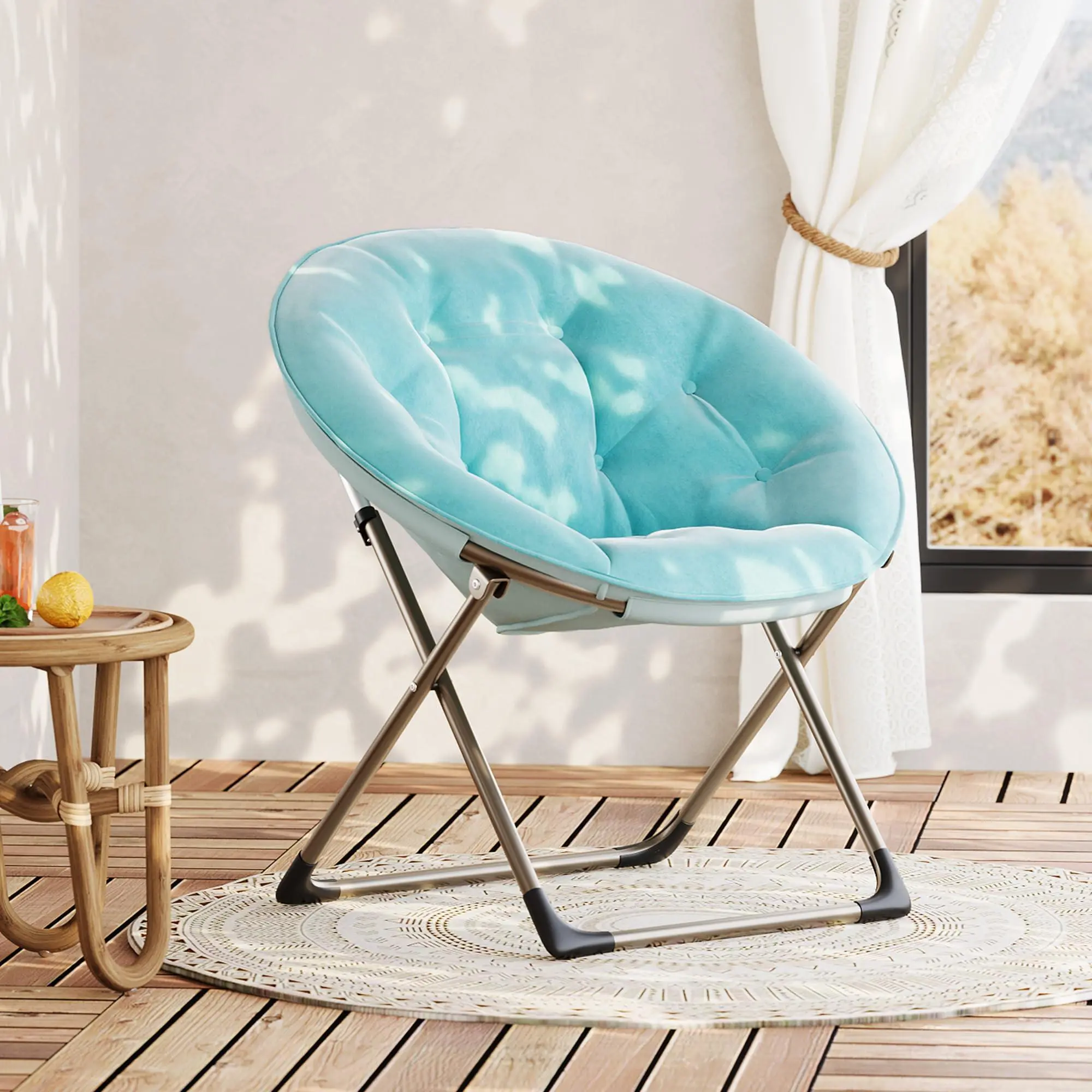 Comfy Oversized Saucer Chair – Soft Plush Fabric Reading Lounger for Adults, Stable X-Large Metal Frame Foldable Accent Lazy Chair for Bedroom, Living Room, Dorm, Office, Blue