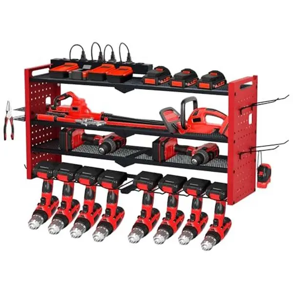 GARVEE 4-Layer Power Tool Organizer Wall Mount, 400Lbs Garage Storage Rack with 8 Cordless Drill Holder, Heavy Duty Utility Shelf for Battery Workshop Organization