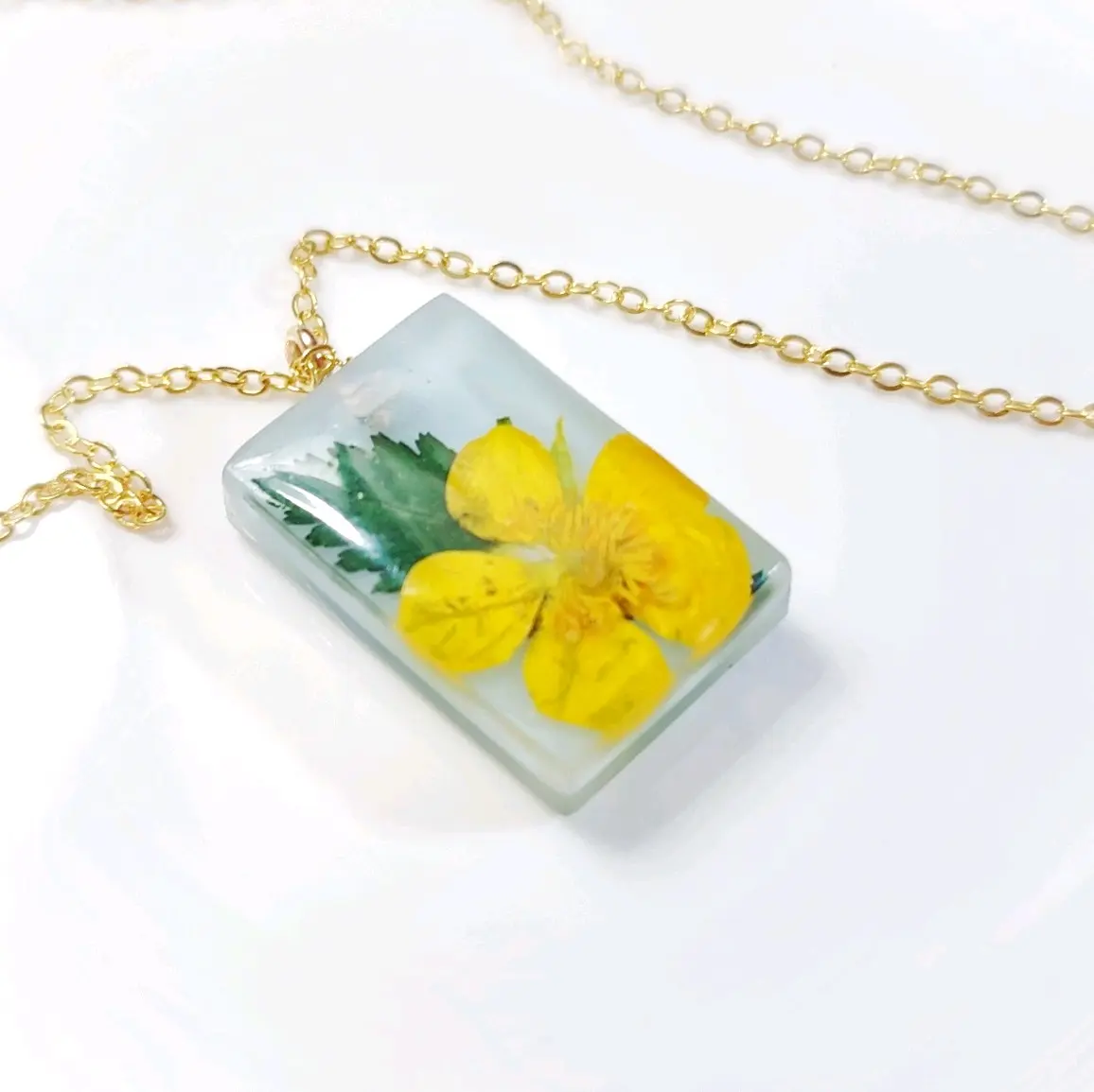 Pressed buttercup flower charm pendant necklace Female Birthday Anniversary Daily