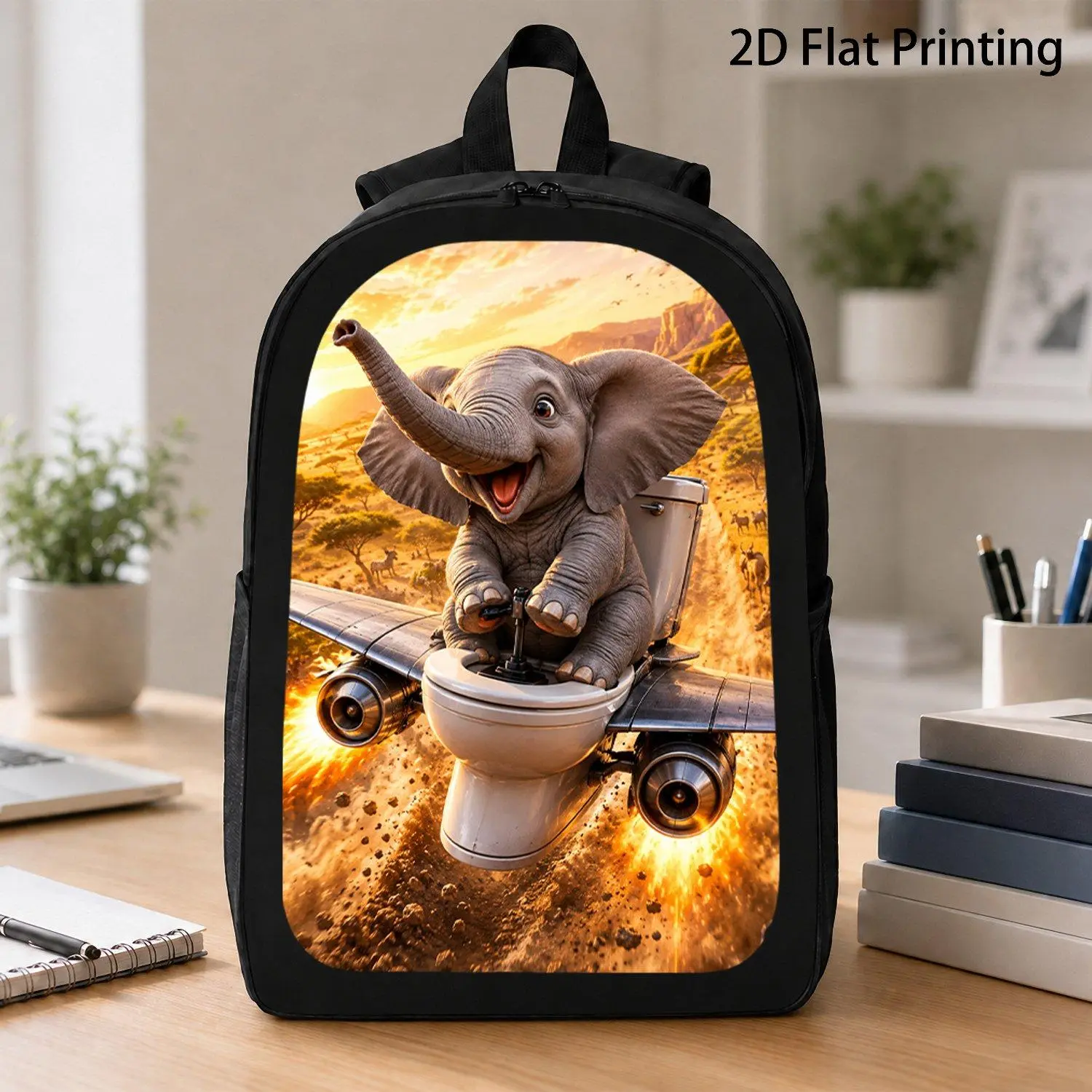 Funny Animal Graphic Backpack, Happy Baby Elephant Piloting Jet Toilet Over African Savanna At Golden Sunset, Wildlife Scene, 2D Flat Printing Travel Laptop Backpack