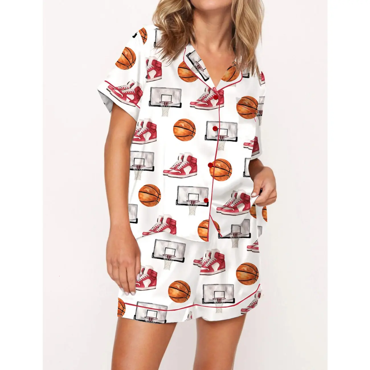 Basketball Themed Cotton Pajama Set for Women - Sporty and Cozy Sleepwear for Basketball Fans, Perfect for Game Night Watch Parties, Team Spirit Gatherings, or Relaxed Weekend Mornings
