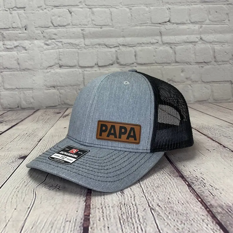 Papa Hat, Laser Engraved Leather Patch Hat, Leather Patch Snapback Cap, Custom Cap, Trucker Hat, Funny Hats, Gift for Grandparent
