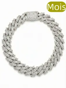 ①①SPACEICE MOIS 15mm Iced Out Cuban Necklace with Dove & Rose Design,Baguette & Round Encrusted Hip Hop Necklace for Men, Tarnish-Resistant Gold Tone Streetwear Jewelry