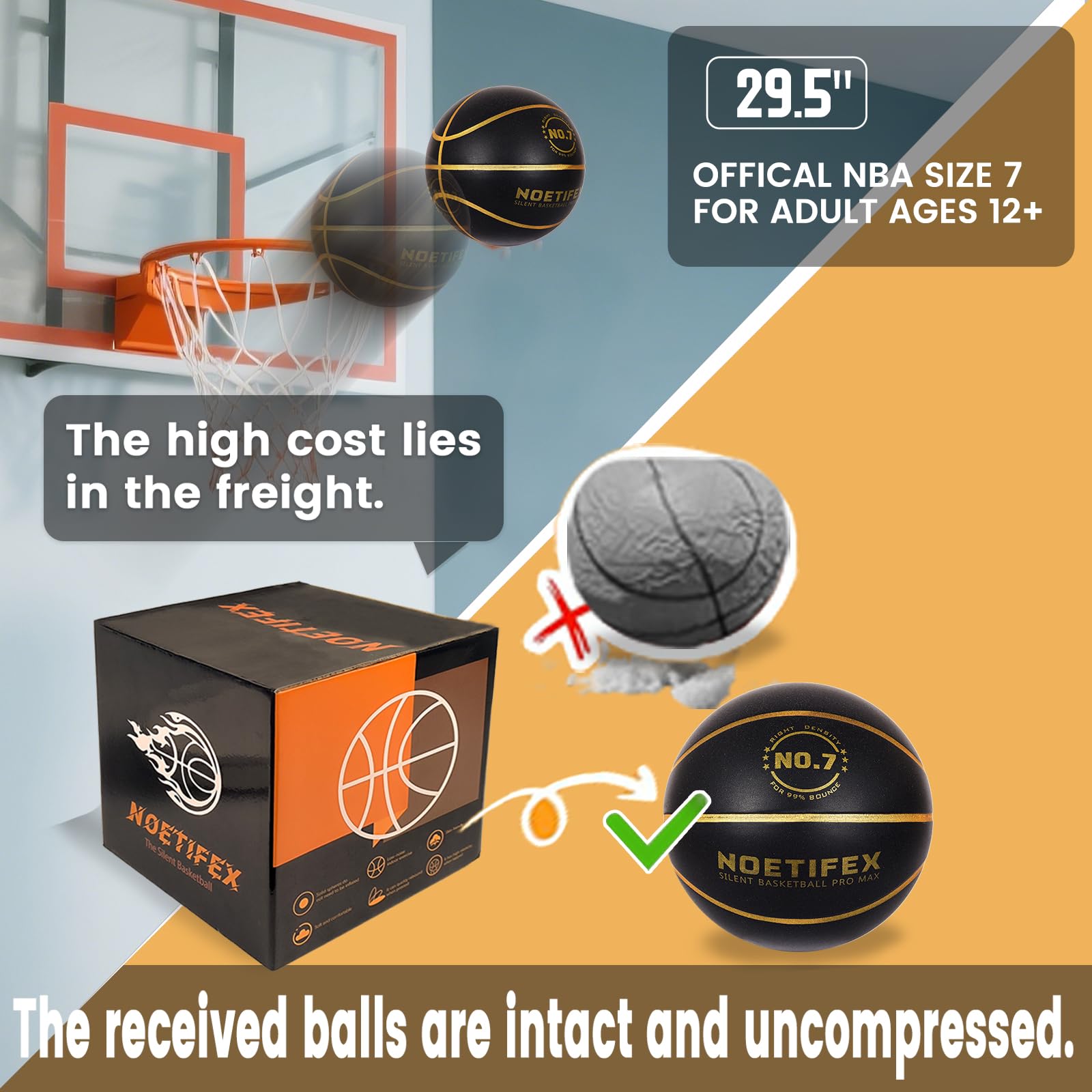 Noetifex Silent Basketball Pro Max No.7 Black Gold High Density Training Ball with Real Bounce for Apartment Home Practice