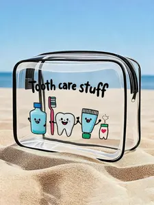 Dental-Themed PVC Cosmetic Bag with Letter Print — Zippered PVC Travel Organizer Pouch, Makeup Bags. Lightweight and Fade-Resistant; an Essential Travel Companion for Mothers, Teachers, Friends, Nurses, and Students.