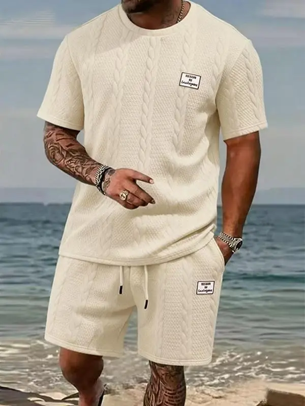 Men's 2-Piece Knit Set, Stylish Plain Textured Outfit, Regular Fit Casual Menswear for Everyday Wear