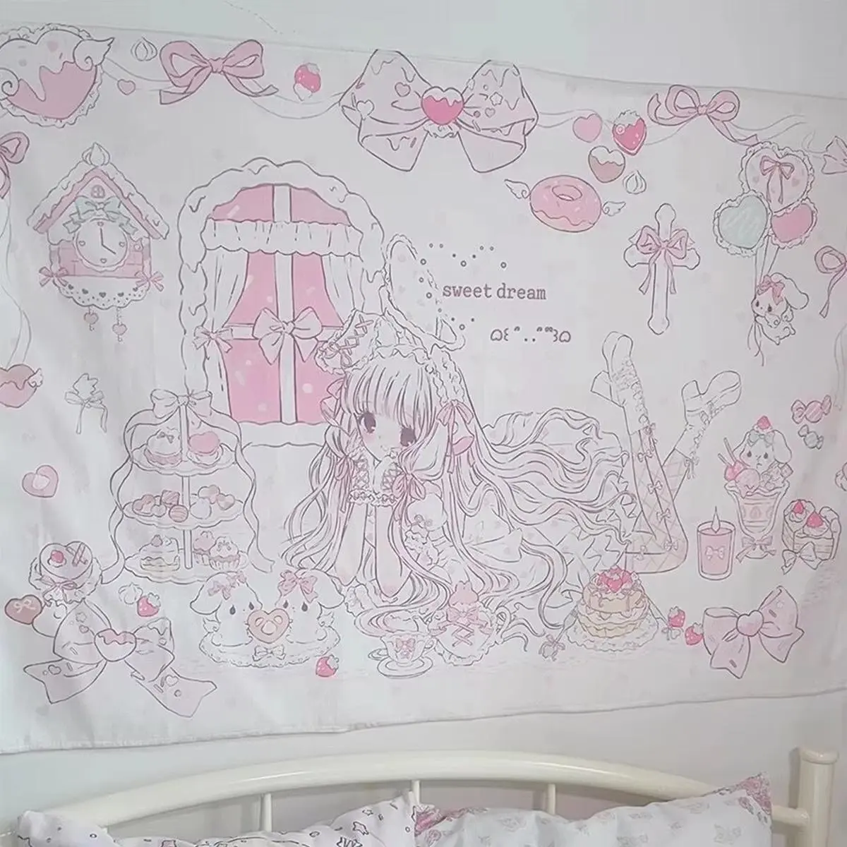 VIKAMA Sweet Dream Tapestry Cake Bow Pink Purple Heart Bedroom Girl's Room Decor Dreamy Healing Style Wall Decoration Tapestry
