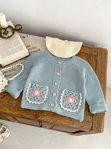 Spring & Fall Baby Sweater Cardigan, Round Neck Hollow Out Floral Design, Handmade Knitwear with Pockets, Cute Toddler Outerwear, Baby Clothing