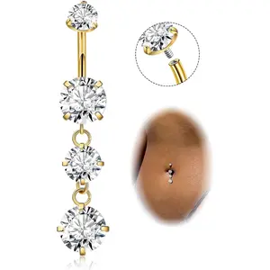 G23 Titanium Dangle Belly Button Rings for Women Dangling Navel Rings CZ Belly Rings Curved Barbell Internally Threaded Belly Piercing Jewelry