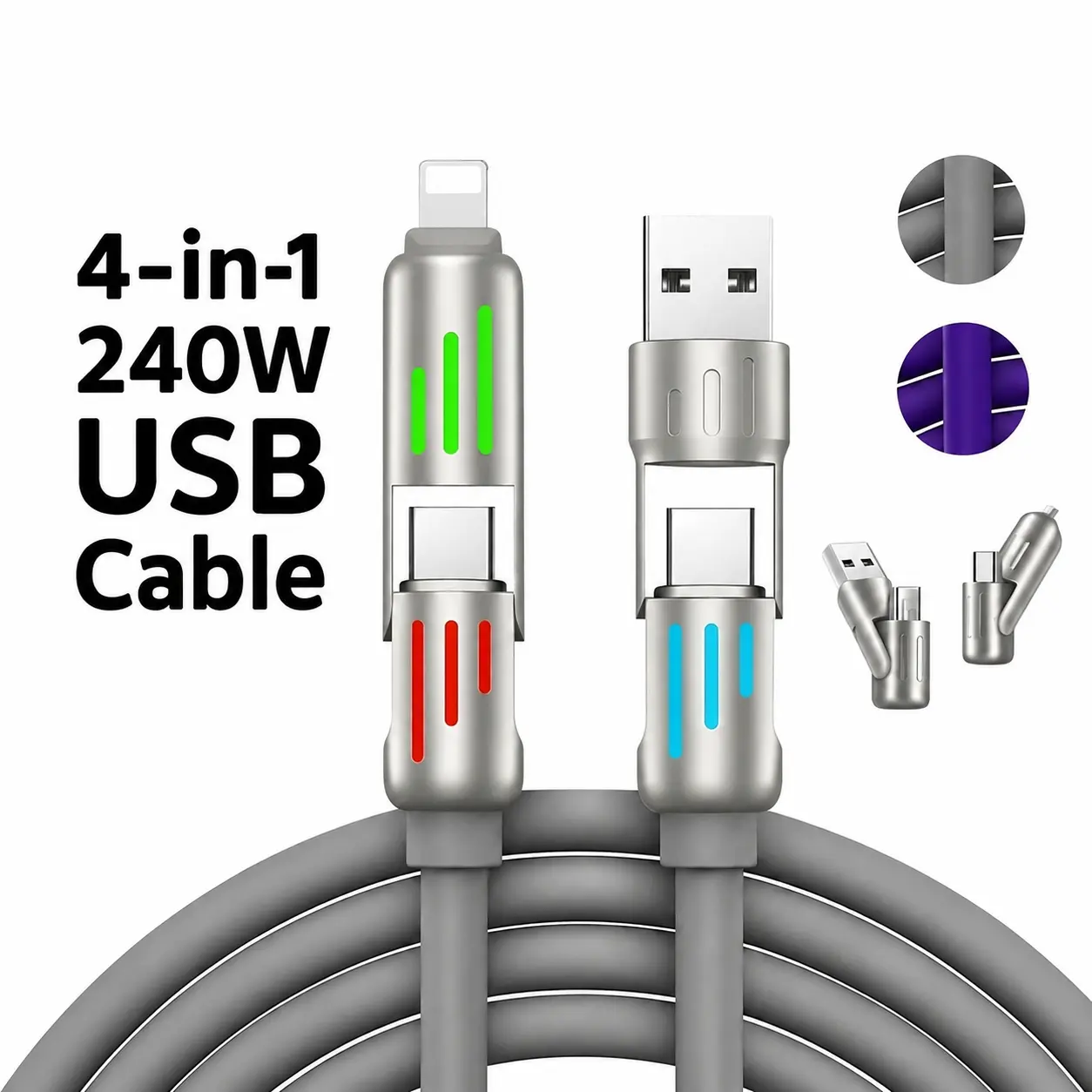 [DealsForYouDays] 240W USB 4-in-1 Braided Tangle-Free Travel-Friendly Charging Cable - PD Fast Charger, High-Speed Data Sync, Lightning Compatible for iPhone 15/16, iPad, AirPods, Mobile Cellphone Electronic Devices, Durable