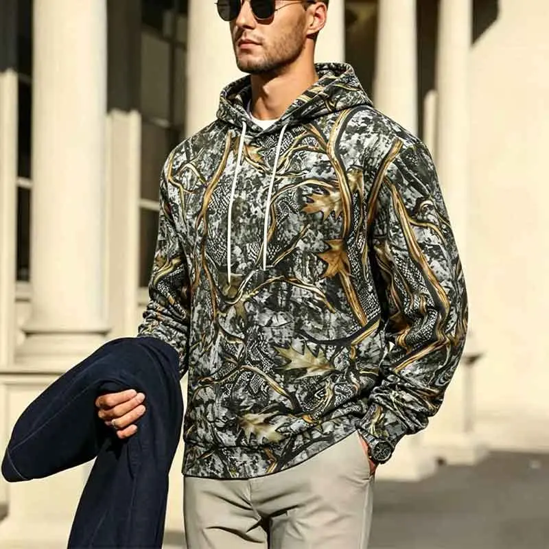 Men’s Ruierte Li Leaf Camouflage Hooded Sweatshirt — Branch camouflage pullover sports sweatshirt, a casual outdoor hooded top suitable for hunting, hiking, and everyday wear