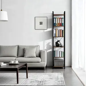 6-Tier Industrial Bookcase with Reinforced Steel Frame  Narrow Standing Display Shelf & Wood Storage Organizer - Space-Saving Vertical Bookshelf for Living Room, Office & Bedroom - Modern Home Decor 2026