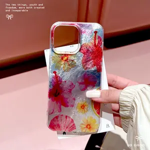 Transparent Iridescent Watercolor Floral Phone Case| Hibiscus & Grapefruit Design for iPhone glitter unique pattern