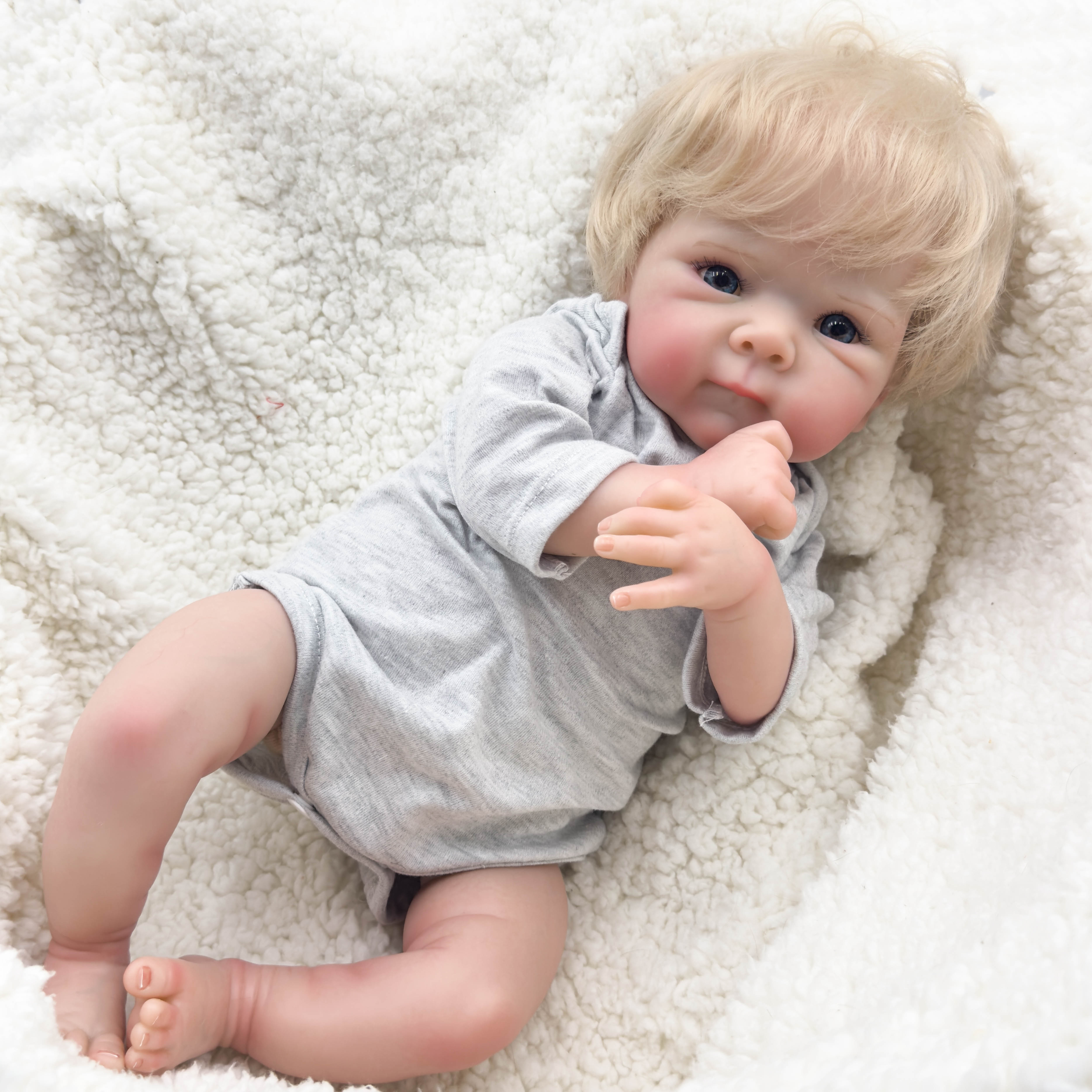 18 Inch Lifelike Reborn Baby Doll with Hand-Rooted Blonde Hair Realistic Newborn in Gray Onesie Magnetic Pacifier & Bottle Great Gift for Kids Collectors 18 Inch Lifelike Reborn Baby Doll with Hand-Rooted Blonde Hair Realistic Newborn in Gray Onesie Magnetic Pacifier & Bottle Great Gift for Kids Collectors