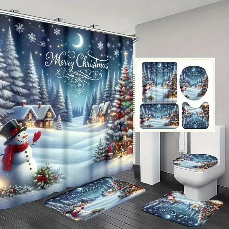 4pcs Snowman Christmas Tree Ice House Shower Curtain Set, Non-Slip Mat, Bathroom Decor, Bath Rug, U-Shaped Mat, Toilet Lid Cover, 180x180cm, Bathroom Decoration Accessories, Bathroom Shower Curtain Sets