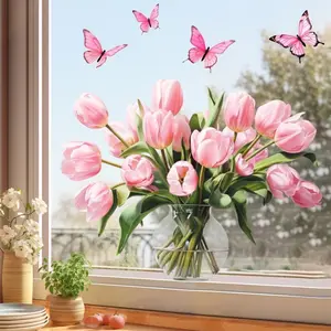 1 pc tulip butterfly window sticker, gentle and fresh rural style, pink tulip+butterfly+hydroponic potted elements, reusable PVC electrostatic sticker, suitable for home decoration and beautification