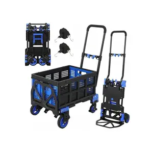 Foldable Hand Truck Dolly With Foldable Basket, 2 In 1 Convertible Collapsible Handtruck Dolly With Retractable Handle, Portable Grocery Shopping Cart For Home Warehouse