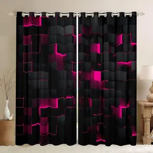 Feelyou 50% Blackout Velvet Privacy Grommet Curtains - Partial Shade, High-Definition Neon Hot Pink & Black Geometric Grid, Abstract Stereoscopic Drapes, Multi-Size Set of 2, Room Decor Curtain for Girls' Rooms