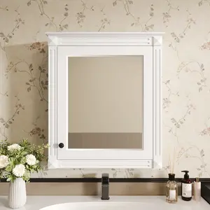 Modern Wall-Mounted Glass Mirror Cabinet (24x7.13x27.76 in) - MDF & Rubber Wood, 3-Section Adjustable Compartmental Door-Mounted Unit, 3 Adjustable Shelves, Soft-Close Single Door, 300LBS Capacity, Over Toilet Storage, Easy Assembly, Glass Mirror Cabinets