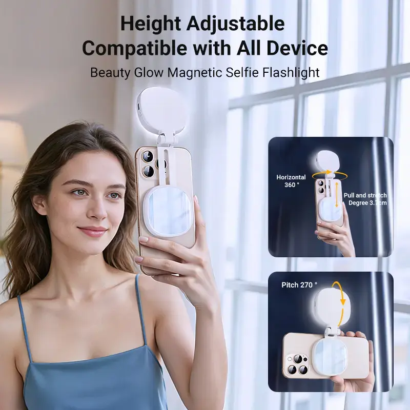3-in-1 Magnetic Selfie Light 360° LED Ring Light Mirror and Phone Stand for Makeup, Live Streaming, Video Calls - Portable Rechargeable Fill Light with 3 Color Temperatures, Mobile Accessories