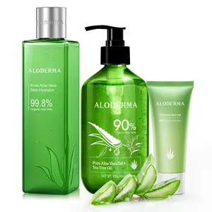 Aloderma Aloe Vera Gel Set - 3 Pieces - Skin Hydrator, 300g Aloe Vera Gel + Tea Tree Oil & 45g Aloe Gel Travel Size