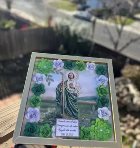San Judas Frame with Green & White Paper Roses Religious Artwork for Home Decor