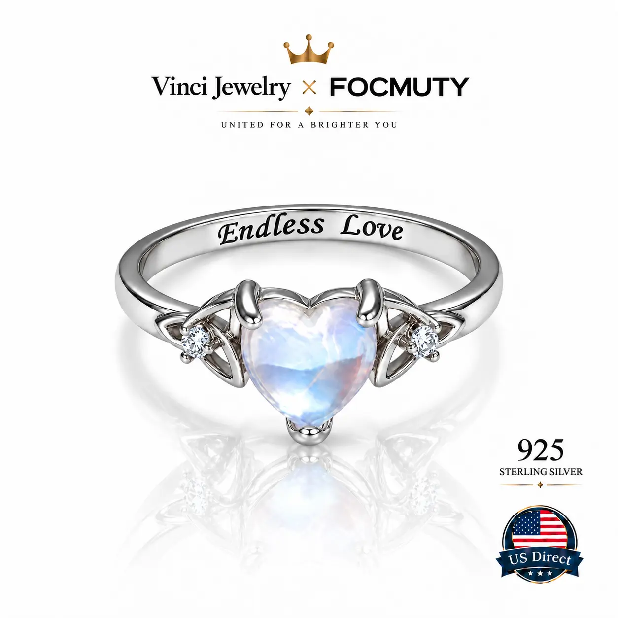 FOCMUTY 925 Heart Synthetic Moonstone Celtic Ring with 'Endless Love' Engraving, Elegant and Romantic Moon Knot Ring Women's Jewelry for Lover, Perfect Gift for Girls, Engagement Wedding Ring, for Daily Wear and Party, Christmas Gift