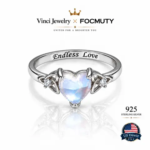 FOCMUTY 925 Heart Synthetic Moonstone Celtic Ring with 'Endless Love' Engraving, Elegant and Romantic Moon Knot Ring Women's Jewelry for Lover, Perfect Gift for Girls, Engagement Wedding Ring, for Daily Wear and Party, Christmas Gift