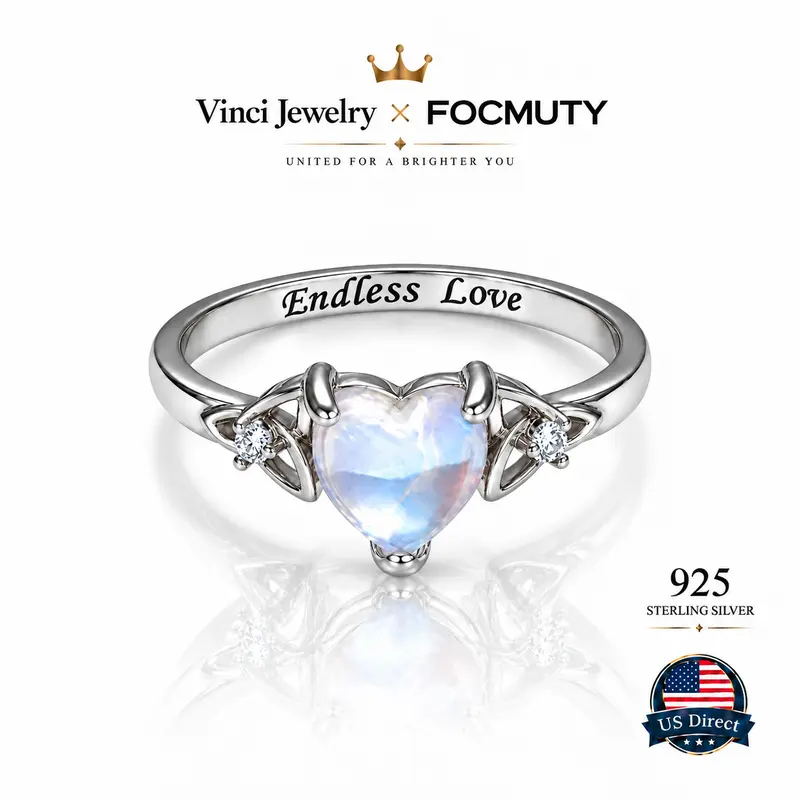FOCMUTY 925 Heart Synthetic Moonstone Celtic Ring with 'Endless Love' Engraving, Elegant and Romantic Moon Knot Ring Women's Jewelry for Lover, Perfect Gift for Girls, Engagement Wedding Ring, for Daily Wear and Party, Christmas Gift