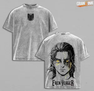 Eren Yeager Shirt – Attack on Titan Vintage Acid Washed Oversized Graphic T-Shirt, Yellow Eyes Lightning Design Heavy Cotton Unisex Dark Aesthetic Streetwear, Washed Retro “Eren Yeager” Text Anime Tee Gift For Anime Fan