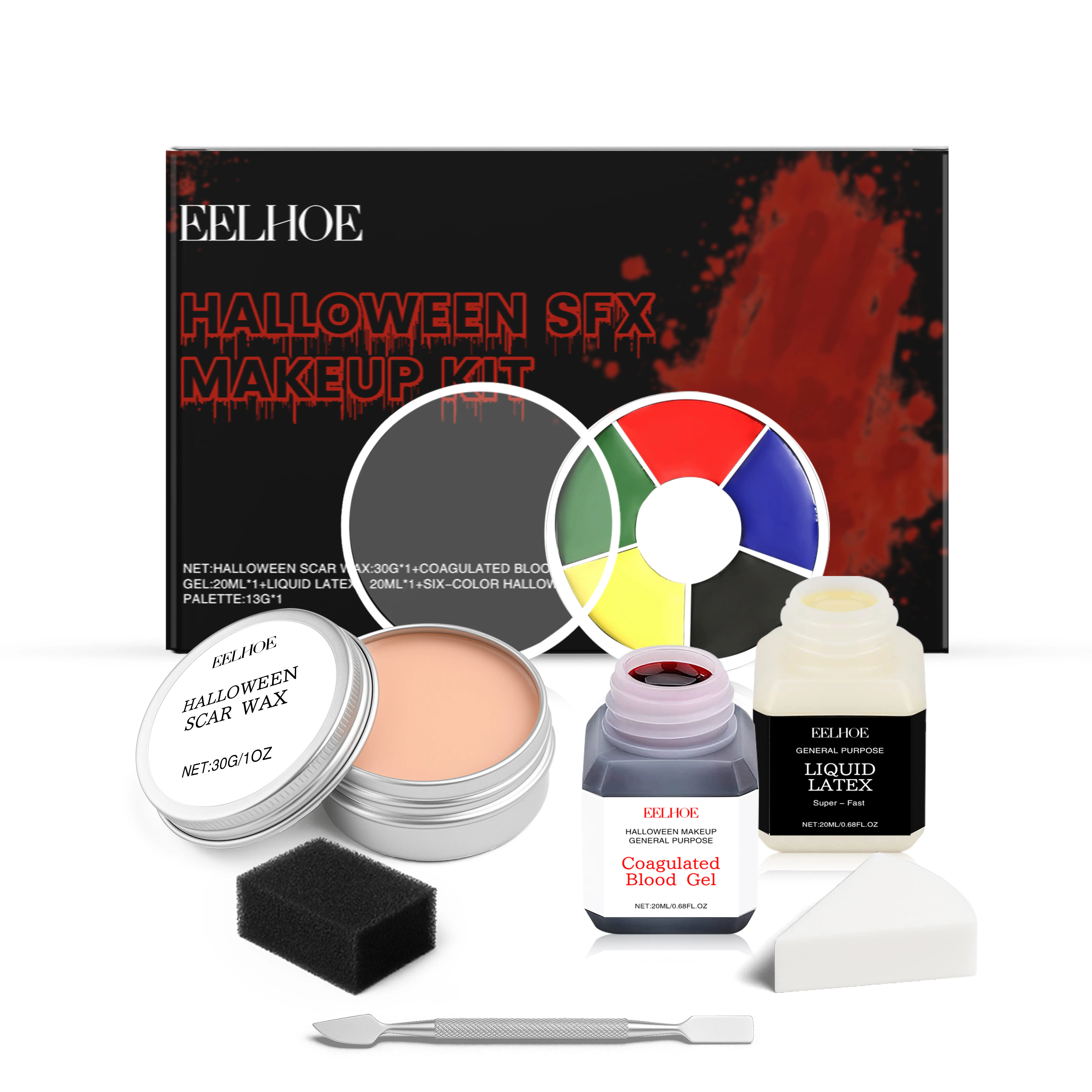 EELHOE Halloween Makeup Kit （7 Pcs）- Creepy Looks Face Paint Palette & Special FX Tools Coagulated Blood Gel for Spooky Transformations Liquid Body Paint Set Powder Acrylic Gentle Oil Cosmetic