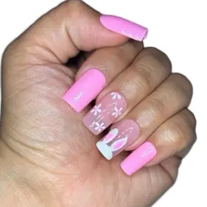 Pink Spring Bunny Square Press On Nails - Perfect for Easter, Floral Design with Bunny Detail
