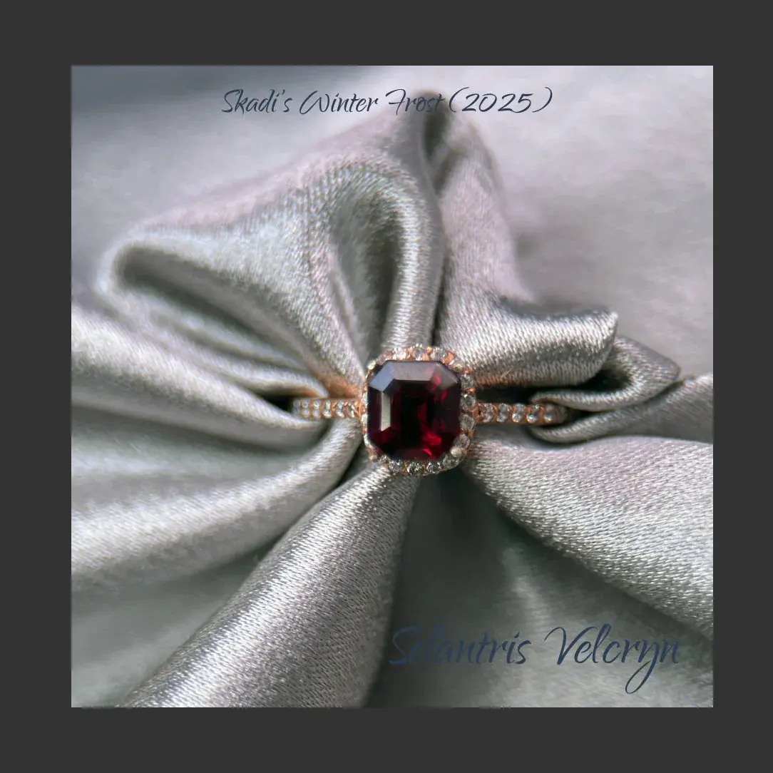 Crimson Flame 2.0ct Dark Red Malawi Garnet Halo Ring in Rose Gold with CZ Accents – Skadi Winter Frost