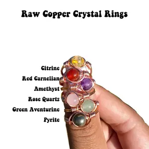 Raw Copper Crystal Rings with Citrine Red Carnelian Amethyst Rose Quartz Green Aventurine Pyrite for Manifestation Healing Protection Self Love