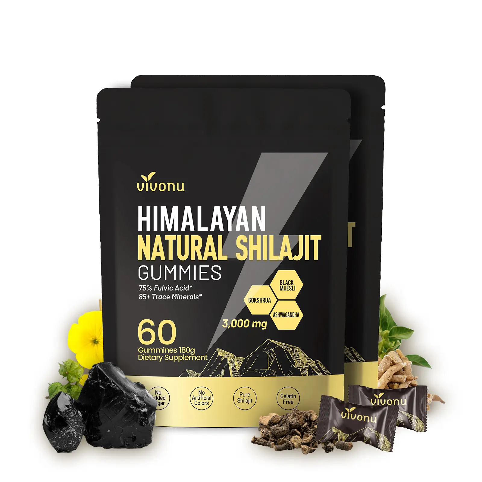 VivoNu Himalayan Shilajit Gummies | With Ashwagandha, Gokshura & other herbs | No added sugar | 60 Gummies