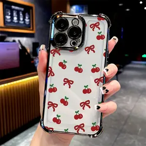 Cherry Bow Doodle Phone Case for  Electroplating Cover For iPhone17 16 15 14 13 12 11 Anti-Fall Transparent Soft Back Cover Protection Protector Protective Casing