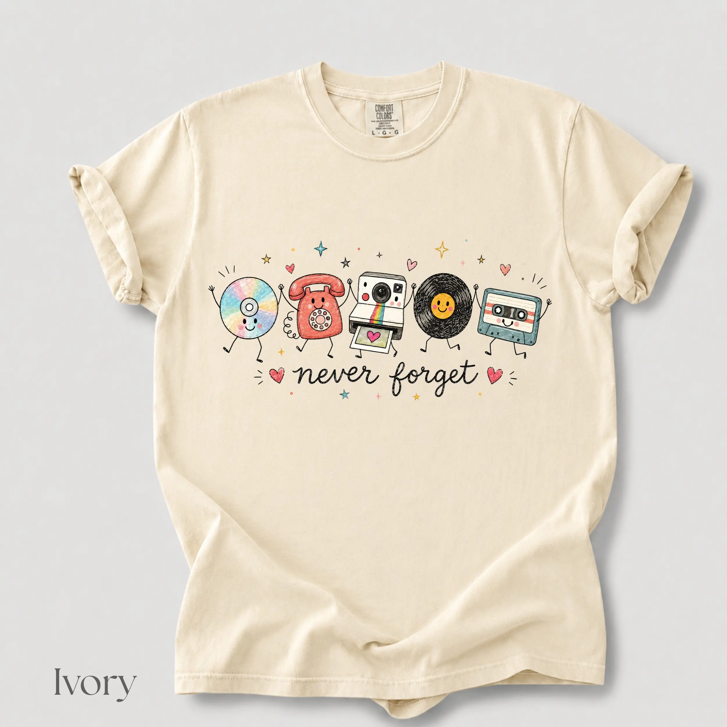 Comfort Colors Never Forget T-Shirt, Cute Retro Vinyl Sublimation Tee, Retro Nostalgic 90s Shirt, Graphic Tee for Women