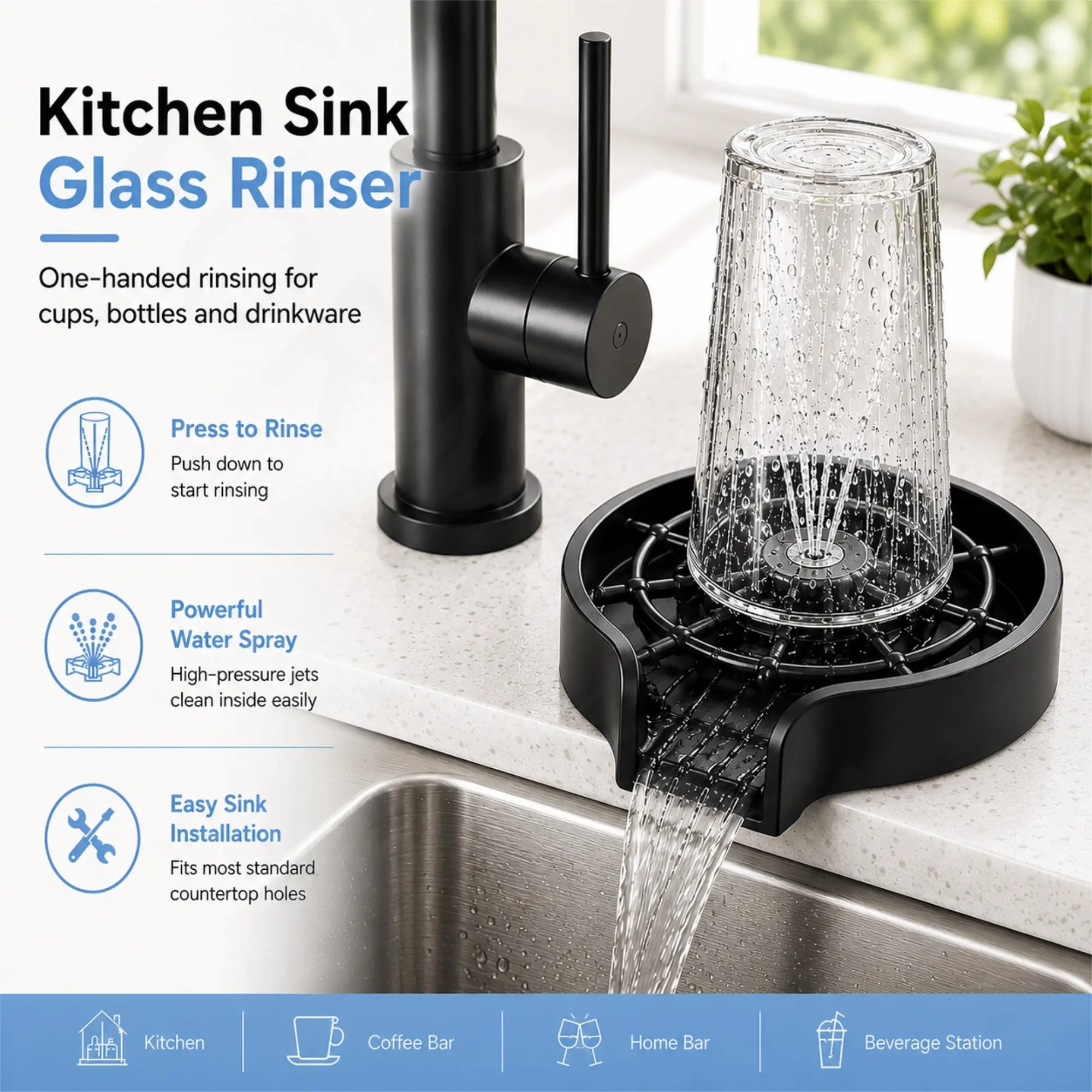 Glass Rinser for Kitchen Sink, Matte Black Cup Washer and Bottle Cleaner, Press-Activated High Pressure Sink Attachment for Baby Bottles, Tumblers, Coffee Cups and Wine Glasses, Supply Hose Included