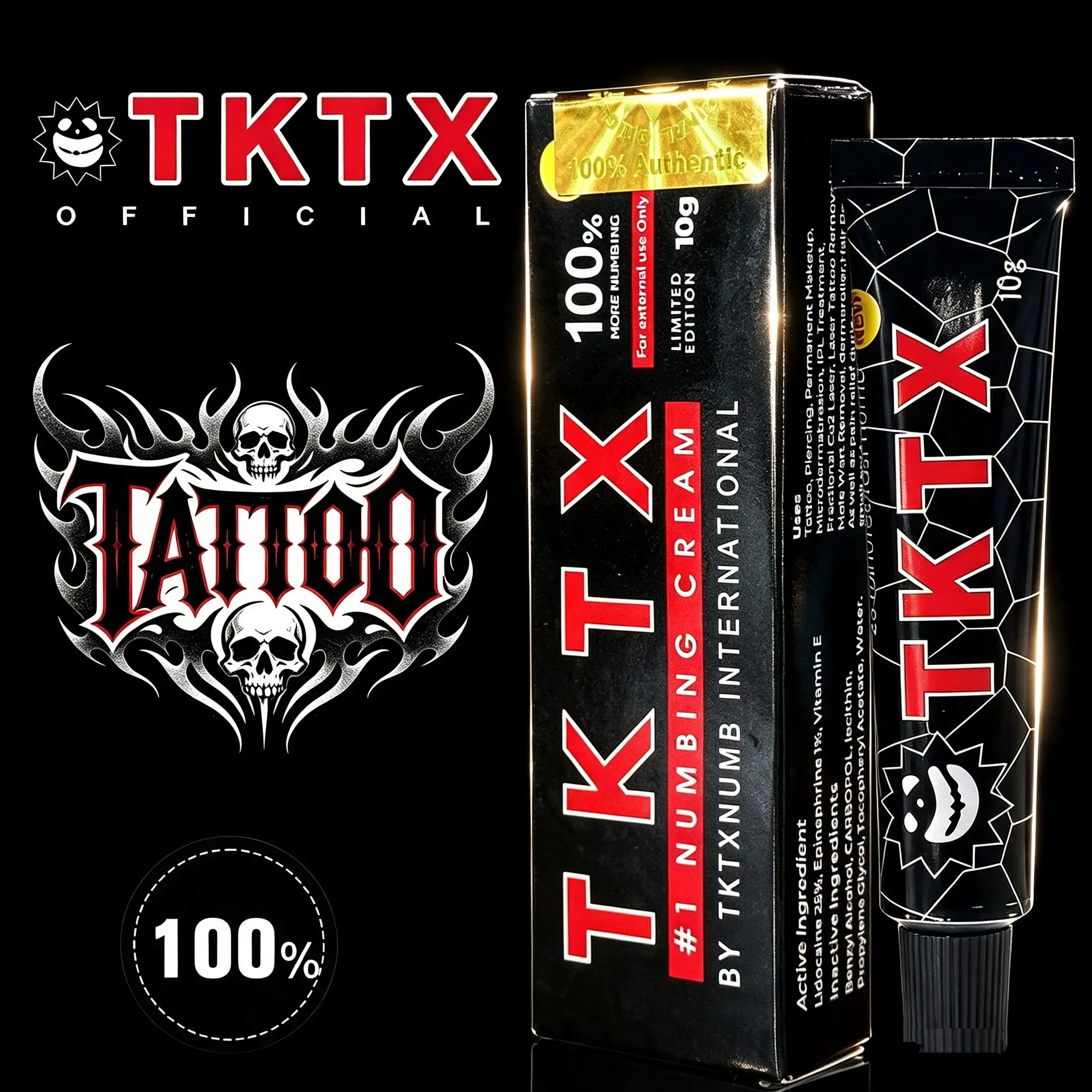 TKTX Black 100% Strong Tattoo Numbing Cream - Limited Edition Tube Sachet, Ideal for Painless Laser/Waxing, 10g External Cream for All Skin Types with 6-8 Hour Local Relief, Default Size