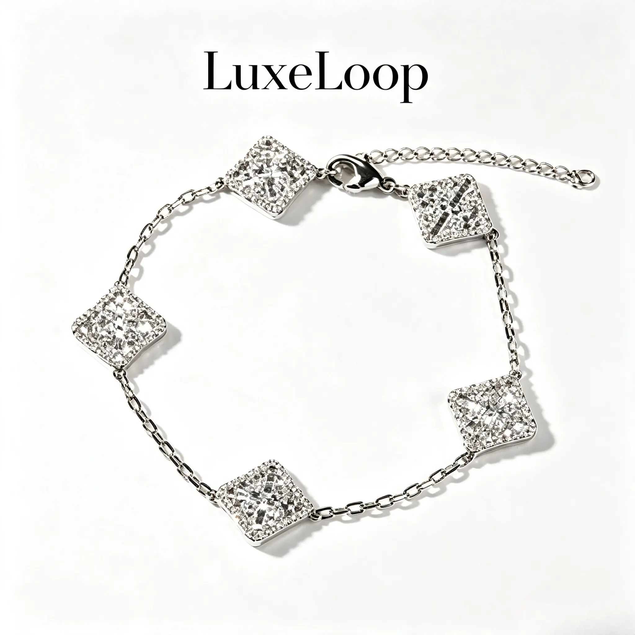 LuxeLoop Sparkling Square Charm Bracelet for Men Women, Dainty Adjustable Link Chain Bracelet, Trendy Daily Wear Fashion Statement Wrist Jewelry, Elegant Stackable Accessory for Party Holiday Dating, Ideal Gift Choice