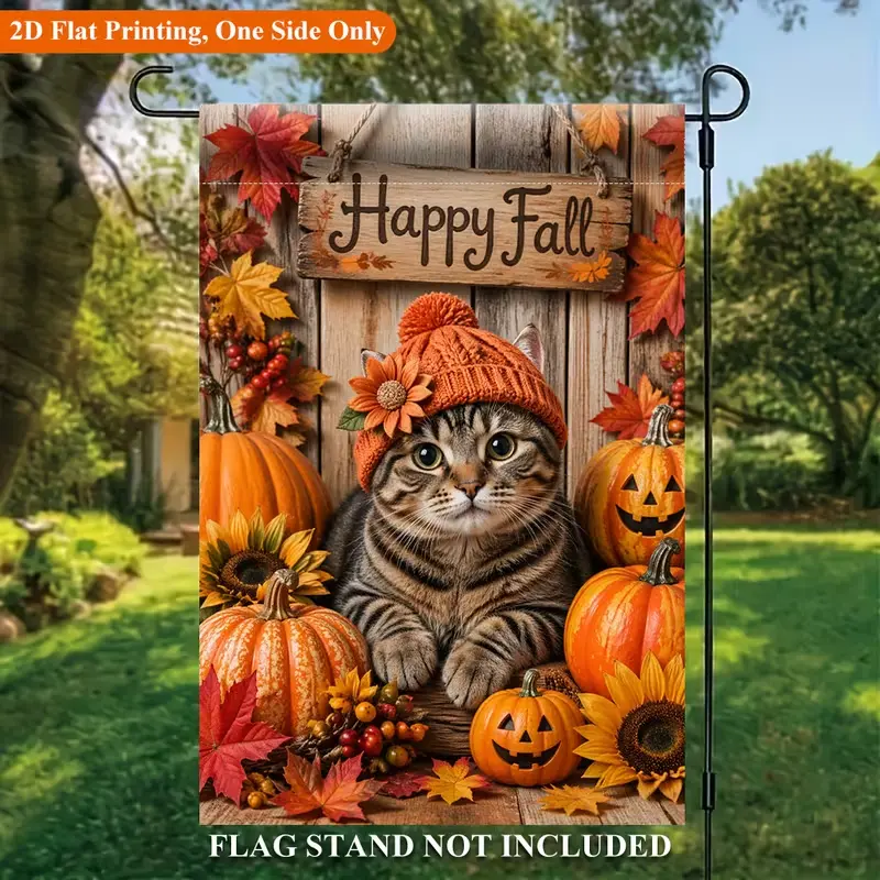 Happy Fall Tabby Cat Garden Flag One Sided Print, Knit Hat Kitten Pumpkin Sunflower Maple Leaf Yard Flag, Rustic Wooden Background Autumn Small House Flag Front Porch Lawn Outdoor Decor, Flagpole Not Included