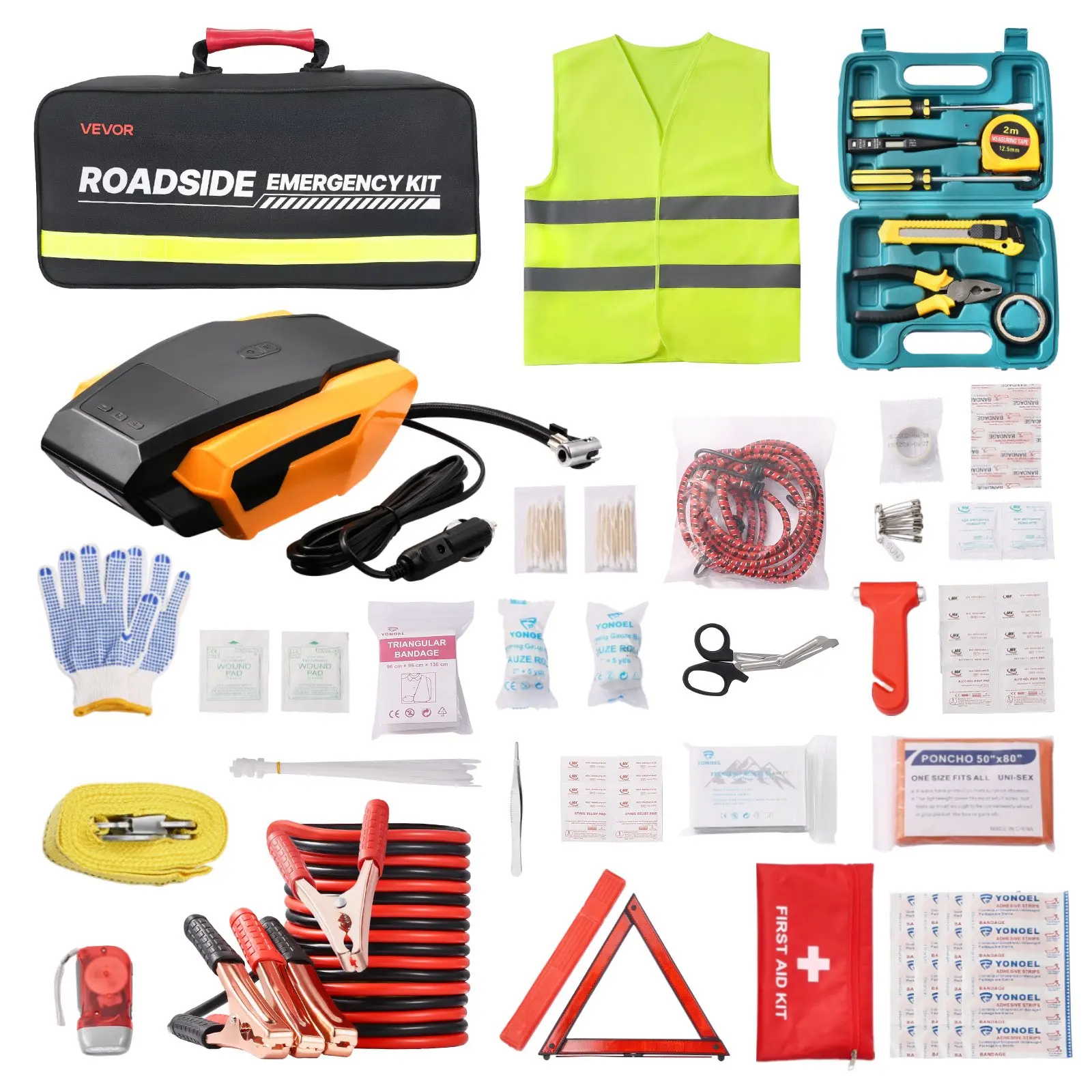 【Summerfinds】VEVOR Car Emergency Kit, 2-in-1 First Aid Kit with Jumper Cables, Essential Roadside Emergency Car Kits for Vehicle, Travel and Home, 32-Piece Auto Road Side Assistance Tools with Medical Aid Kits