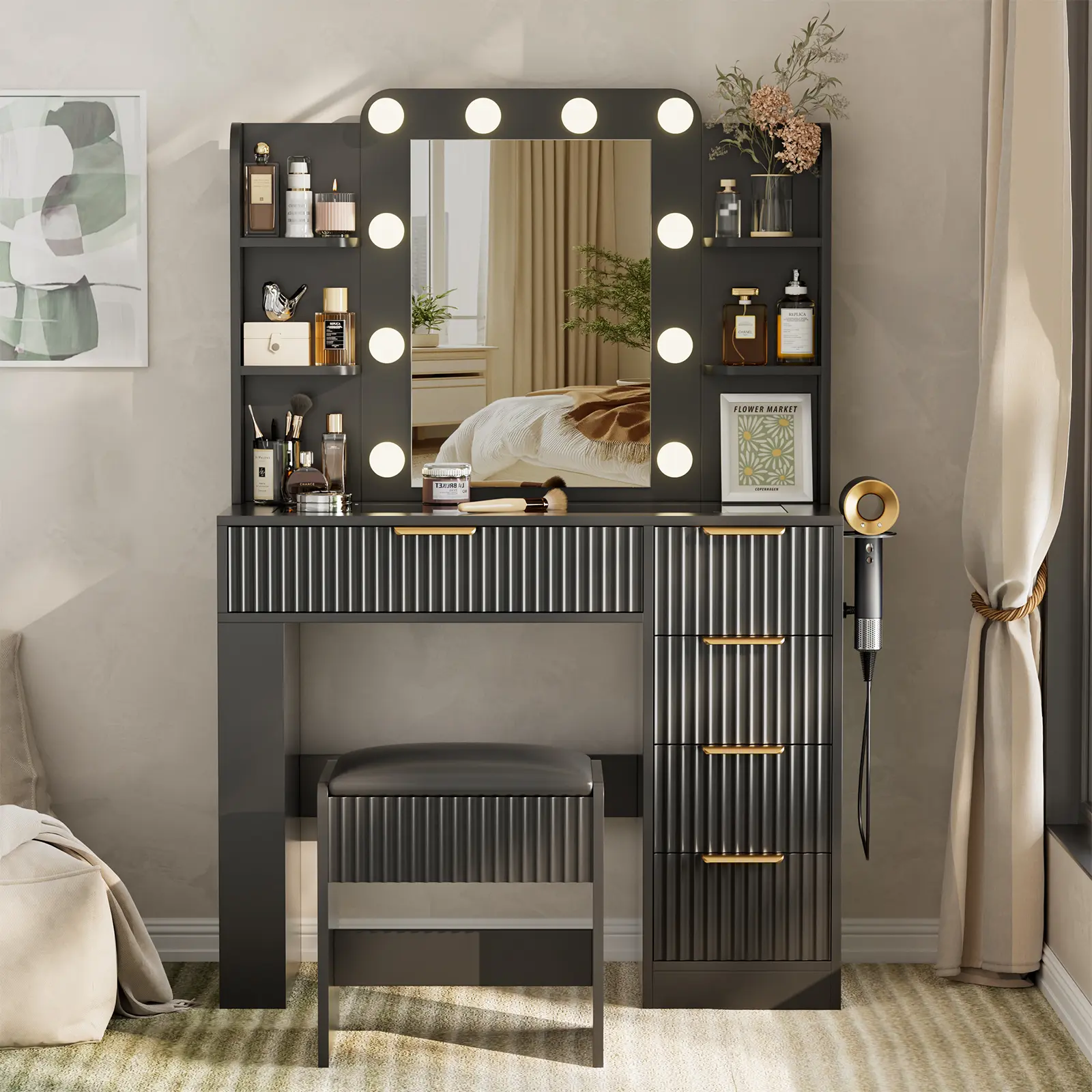 LED Lighted Makeup Vanity Set with Charging Station, Transparent Top, Cushioned Stool, Drawers and Mirror - Bedroom Makeup Table, Indoor Furniture Dresser