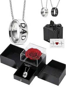 Father's Day Gift Superhero Dad Engraved Ring Necklace, Four Colors Available, Stainless Steel Pendant, Rose Box Included