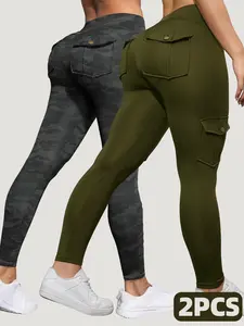 Women's 2-Piece Tight Fit Nine-Point Shaping Leggings with Pockets, Fashion Camo Print, Casual Daily Cycling Sports Bottoms